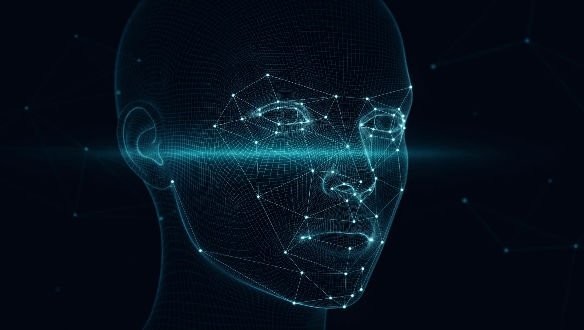 Synthetic wireframe face rendered as an abstract biometric mesh